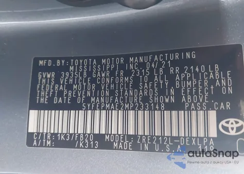 2021 Toyota Corolla Le z USA, uszkodzony, nr VIN 5YFEPMAE2MP233148